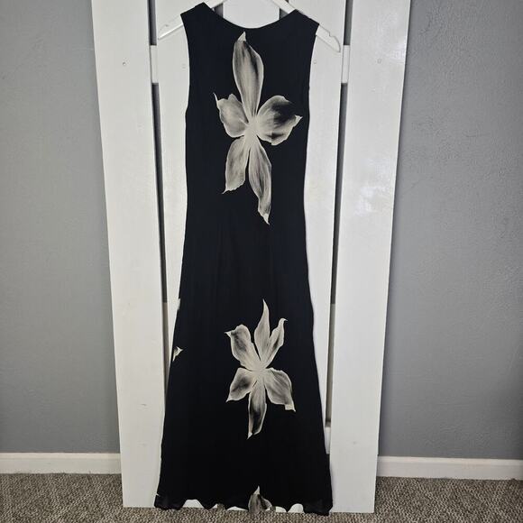Lapis Black Floral Semi Sheer Chiffon Fitted Black Maxi Dress Med Petite Y2K 90s - Picture 2 of 9